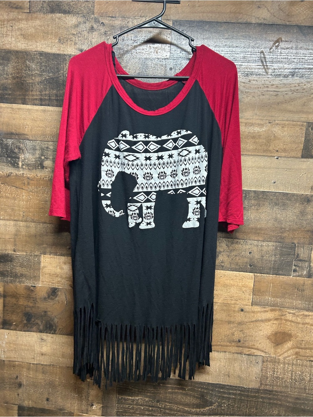 Source Unknown Red & Black Elephant Fringe Raglan Tunic